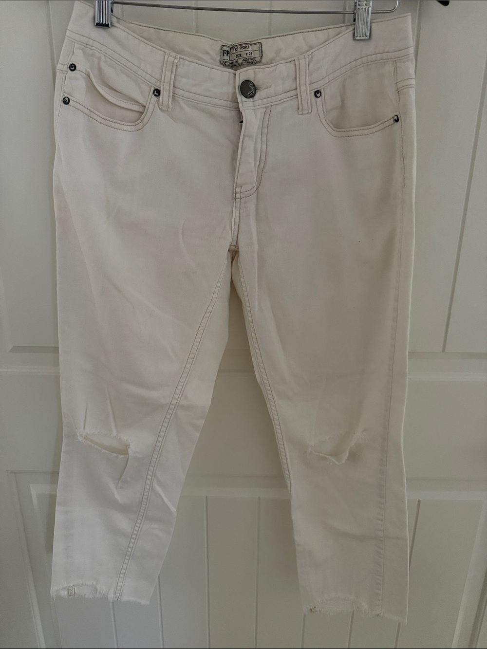 Free People Cream Distressed Ankle Jeans